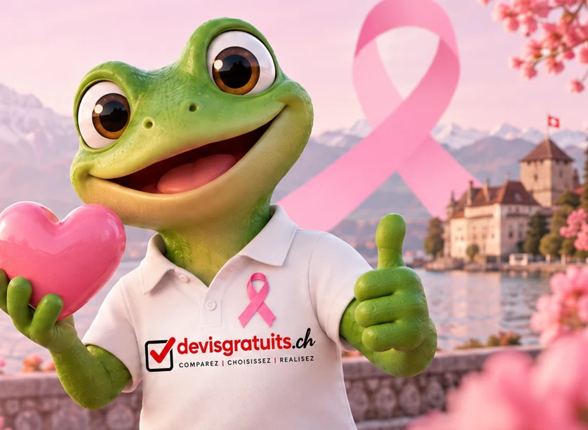 Devy, la mascotte de devisgratuits.ch, avec un ruban rose et un cœur rose